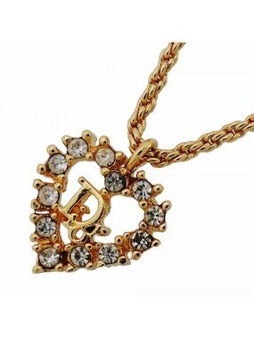 Dior Necklace Logo Heart Motif Gold Plated Rhinestone
